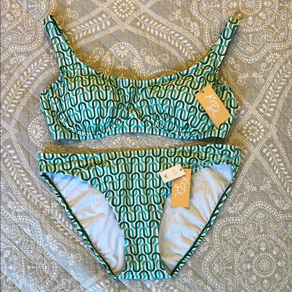 Kona Sol Green and Blue Bikini Set with Geometric Pattern